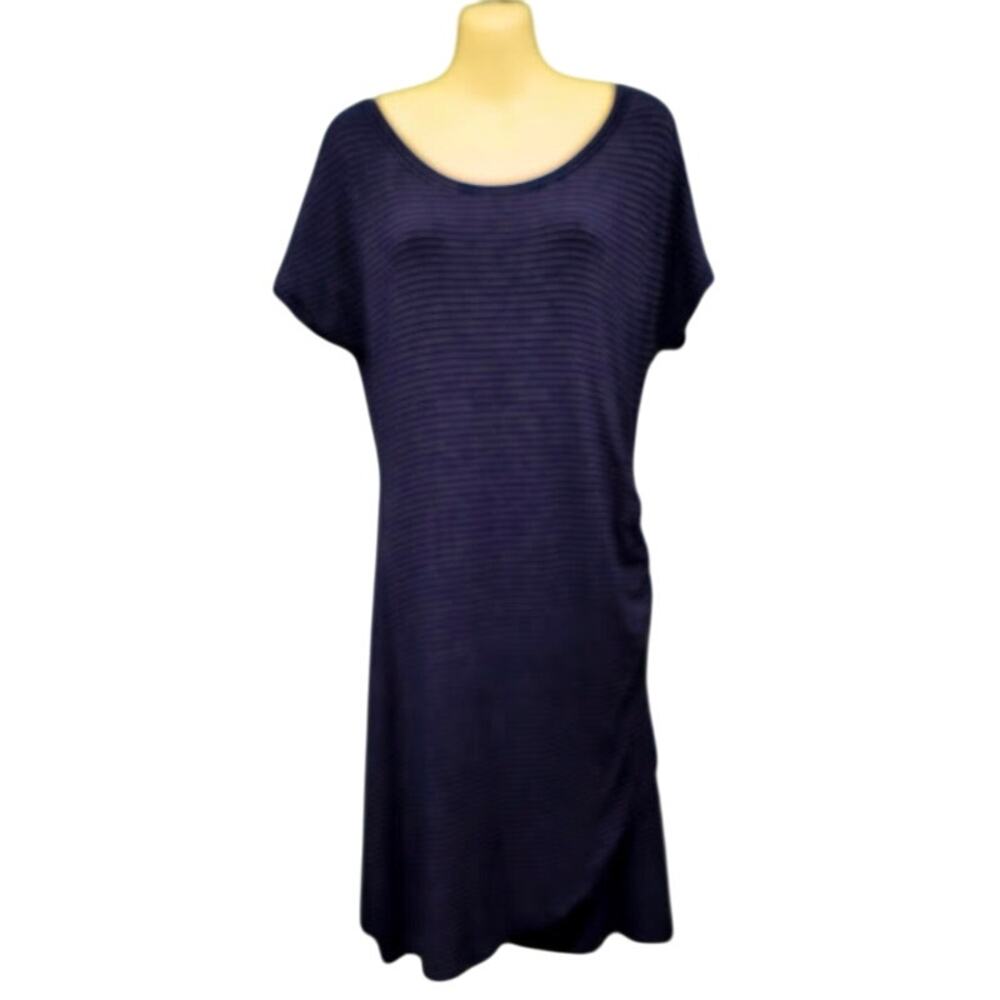 Caslon Striped Faux Wrap Dress w/Dolman Sleeves and one Ruched Side,‎ Navy, Sz M